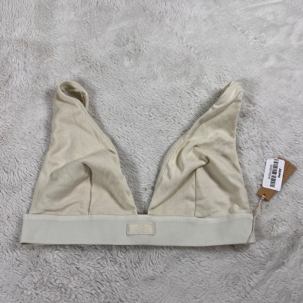 SKIMS Women Cotton Rib Plunge Bralette Bone Off White BR-PLG-0037 Size Large NWT